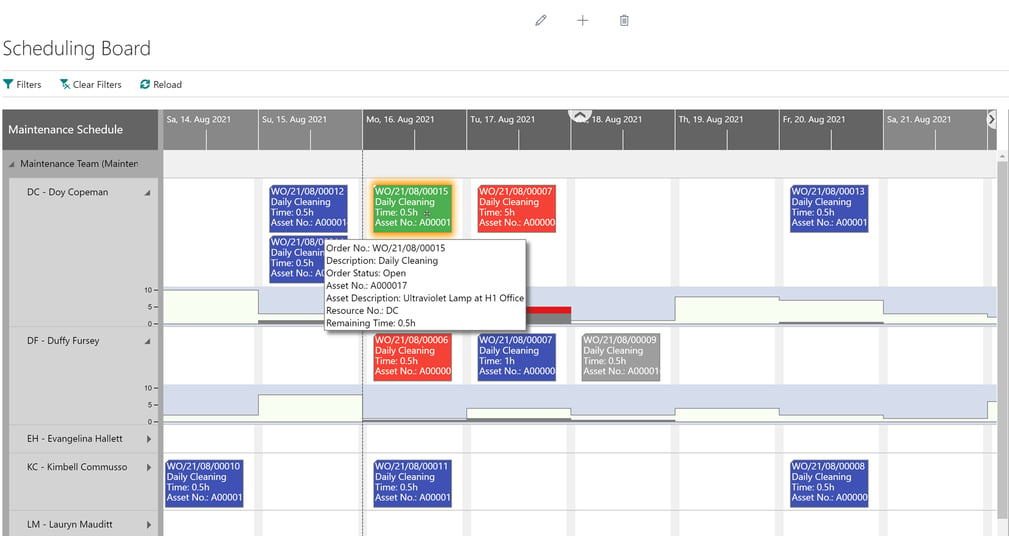 Dynaway Scheduling Board with tooltip for more information