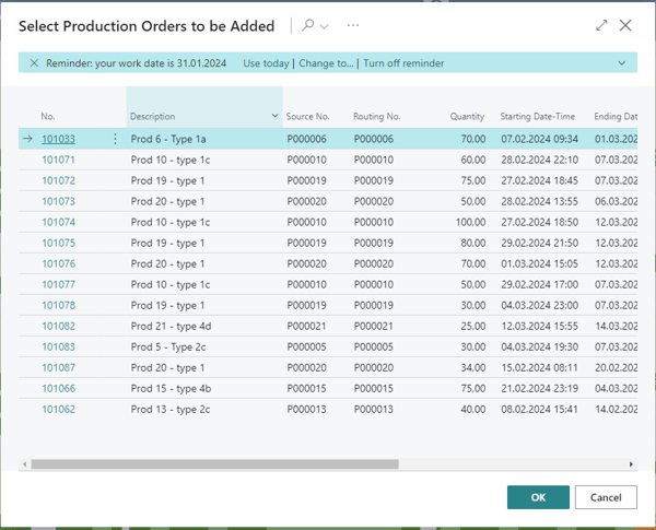 VAPS - add all selected production orders