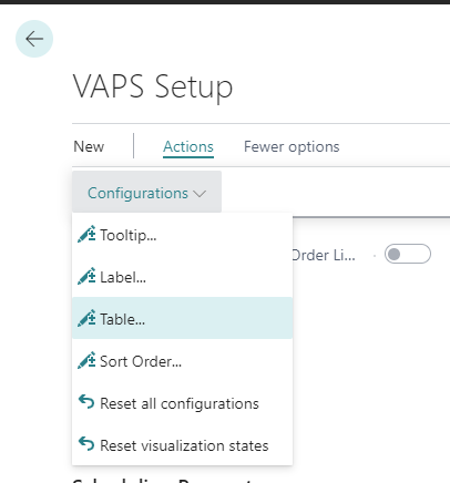 VAPS configure table text