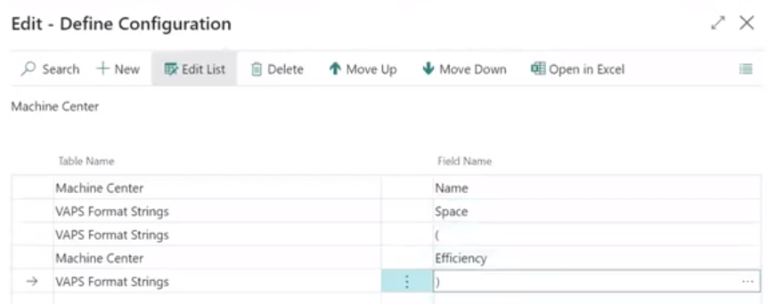 VAPS configure table texts